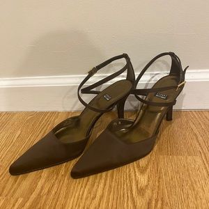 Stuart Weitzman Satin Brown pointed toe heels